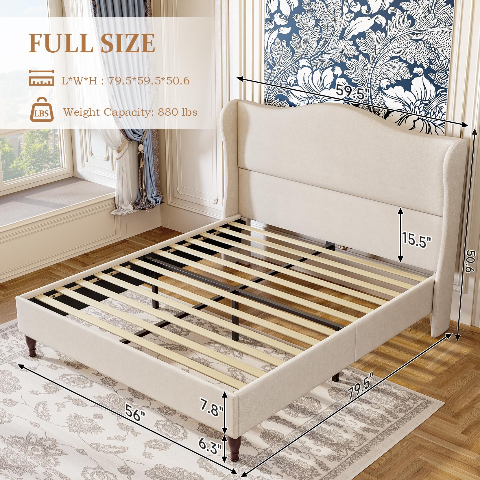 Soft fabric retro simple style bed frame upholstered platform bed