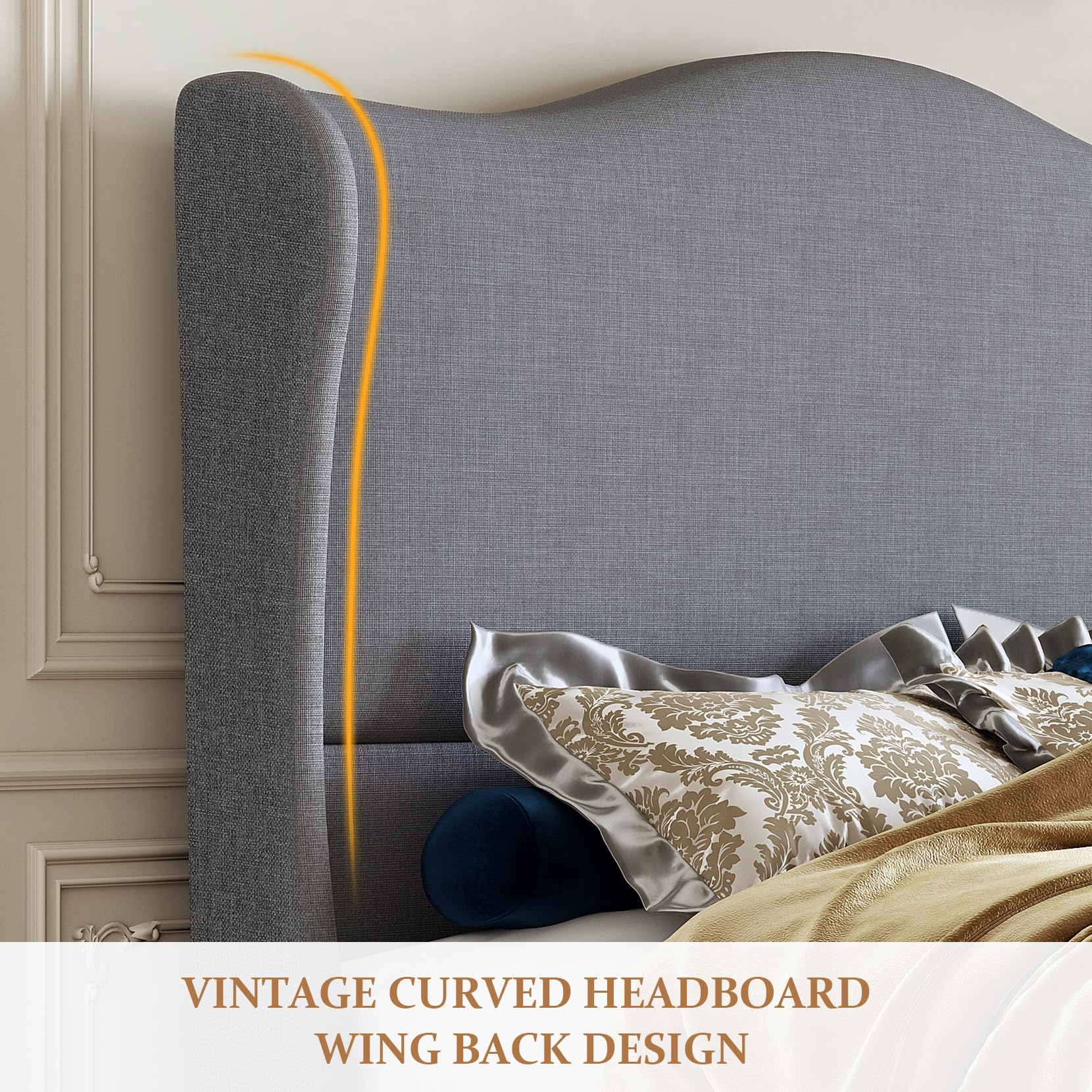 Soft fabric retro simple style bed frame upholstered platform bed