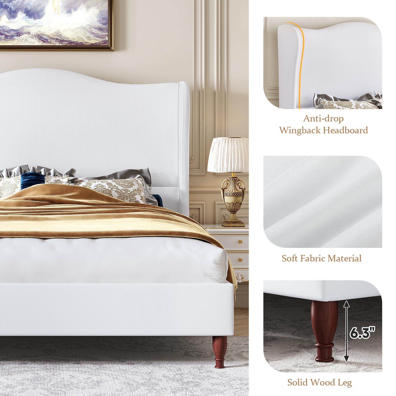 Soft fabric retro simple style bed frame upholstered platform bed