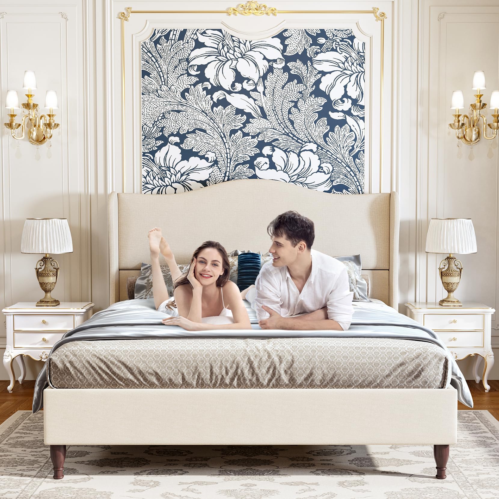 Soft fabric retro simple style bed frame upholstered platform bed