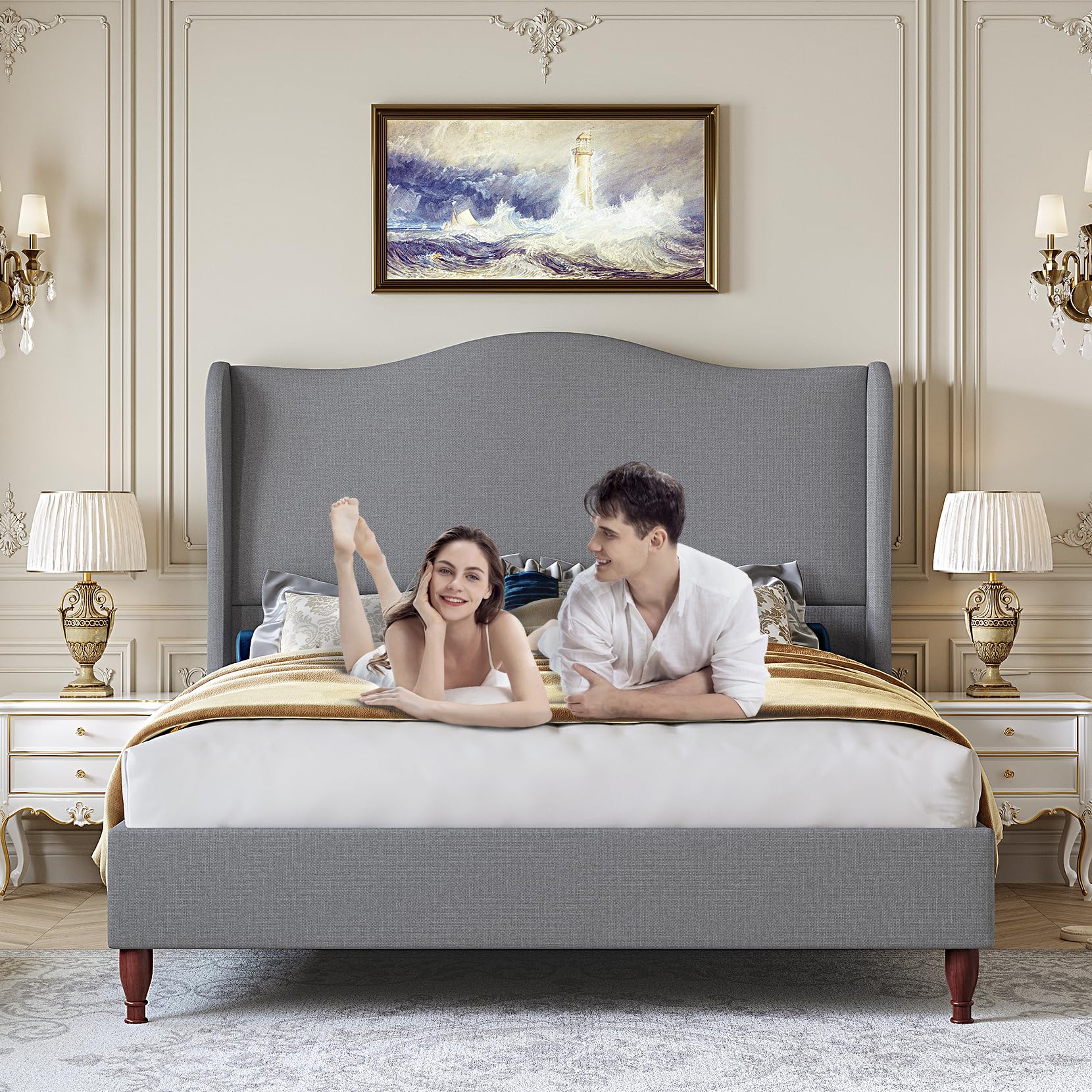 Soft fabric retro simple style bed frame upholstered platform bed