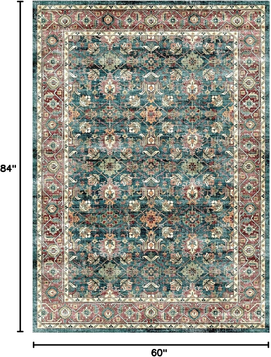 Boho Tribal Area Rug, 5x7 Large Teal Soft Non Slip & Shedding Mat for Living Room