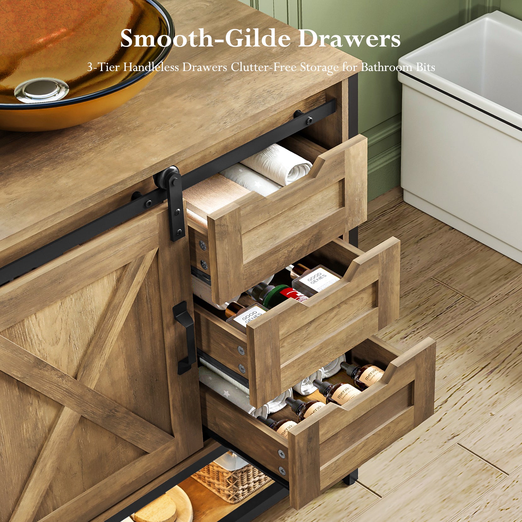 Concho 47'' Farmhouse Bathroom Vanity with Double Vessel Sink, Bathroom Sink Storage Cabinet with LED Light & Sliding Barn Door, Adjustable Shelf, 3 Drawers, Side Hooks, Rustic Brown