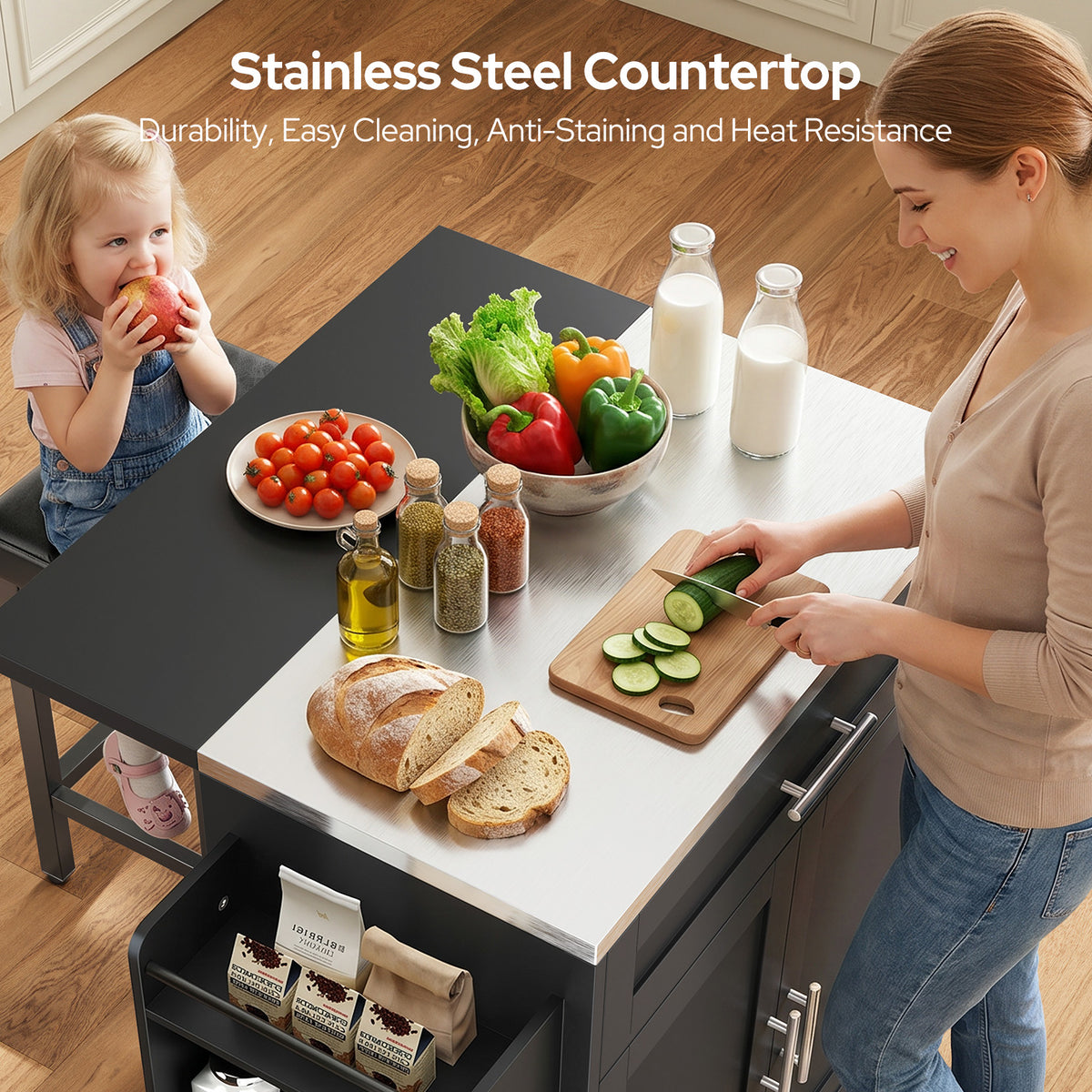 Concho 41" Kitchen Island with Stainless Steel Countertop and Seating