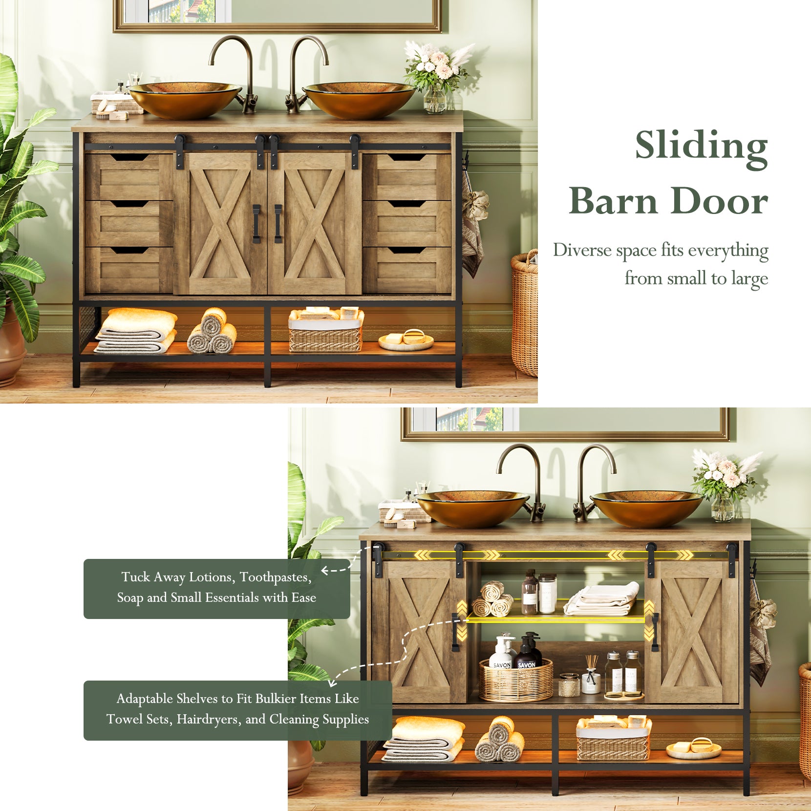 Concho 47'' Farmhouse Bathroom Vanity with Double Vessel Sink, Bathroom Sink Storage Cabinet with LED Light & Sliding Barn Door, Adjustable Shelf, 3 Drawers, Side Hooks, Rustic Brown