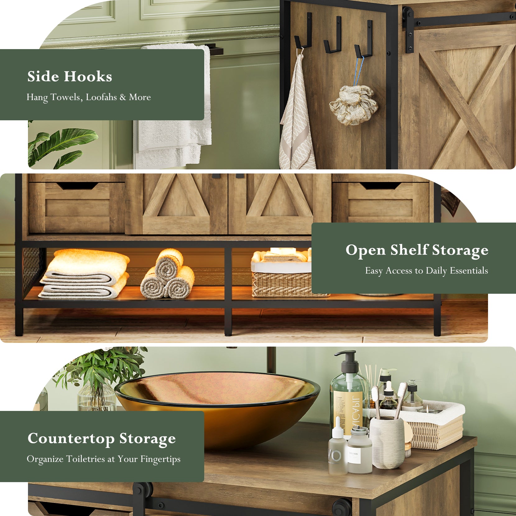 Concho 47'' Farmhouse Bathroom Vanity with Double Vessel Sink, Bathroom Sink Storage Cabinet with LED Light & Sliding Barn Door, Adjustable Shelf, 3 Drawers, Side Hooks, Rustic Brown