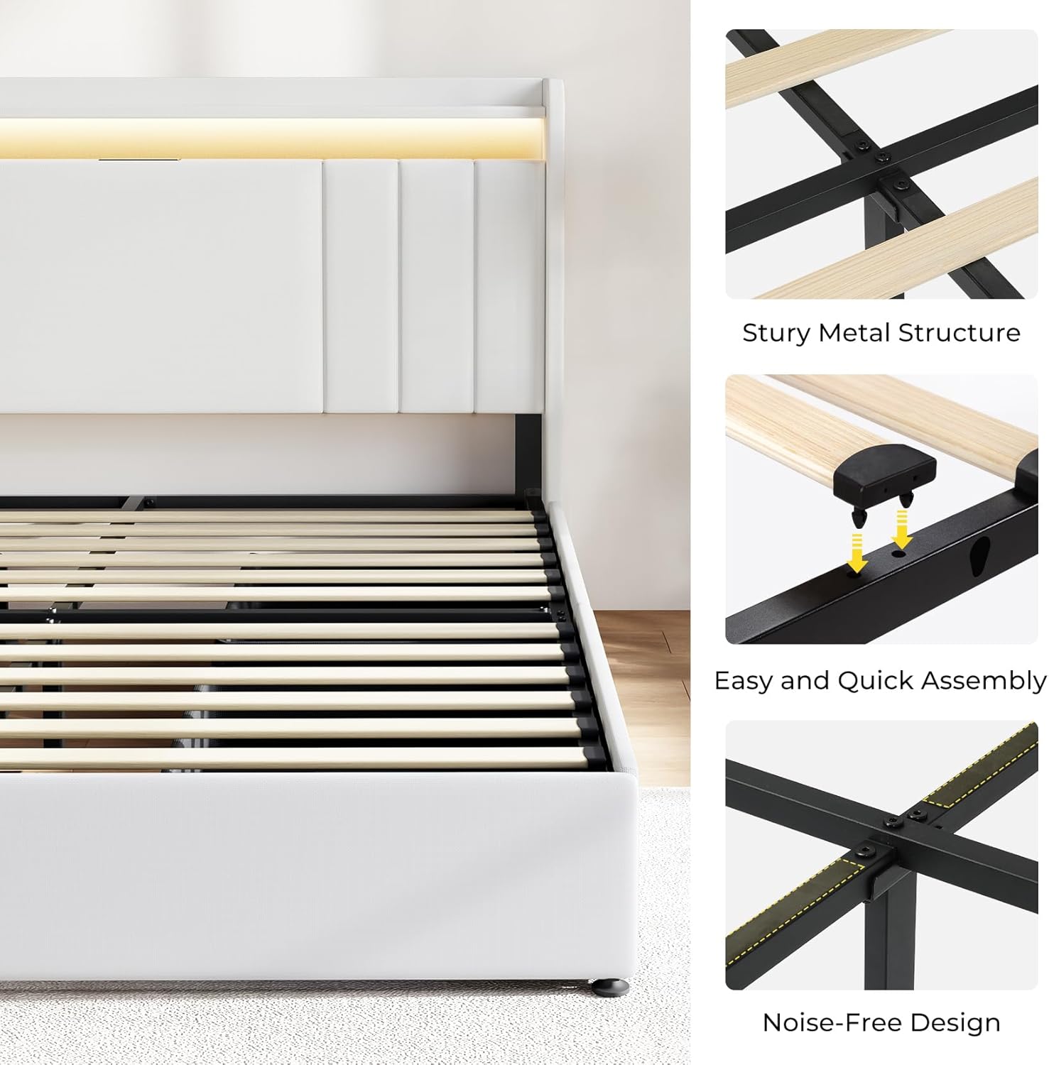 Upholstered Bed Frame with 4 Storage Drawers