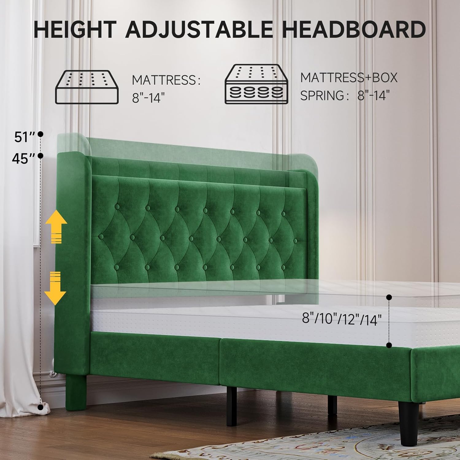 Bed Frame with Wingback Storage Headboard, Adjustable Velvet Upholstered Bed Frame