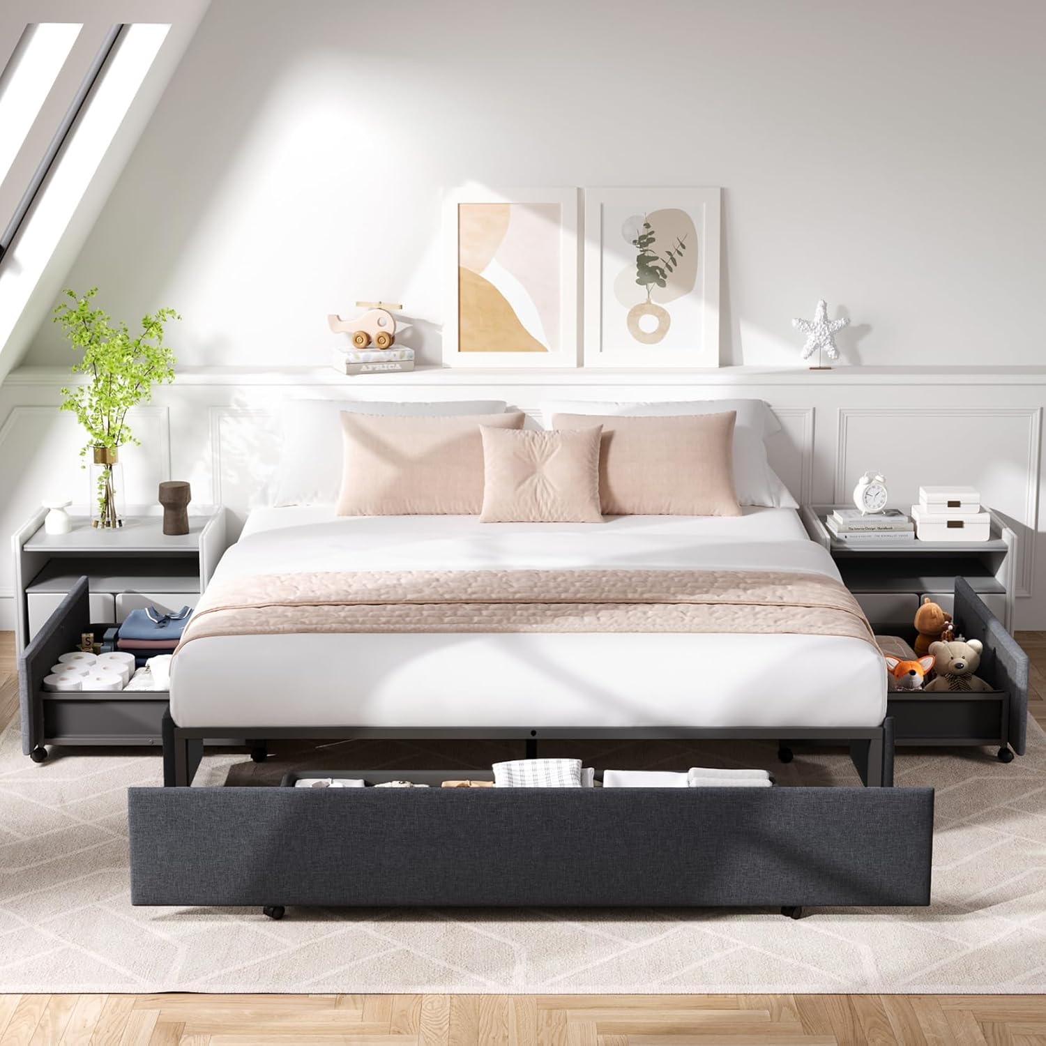 Bed Frame Platform with 3 Storage Drawers, Fabric Upholstered Bed Frame