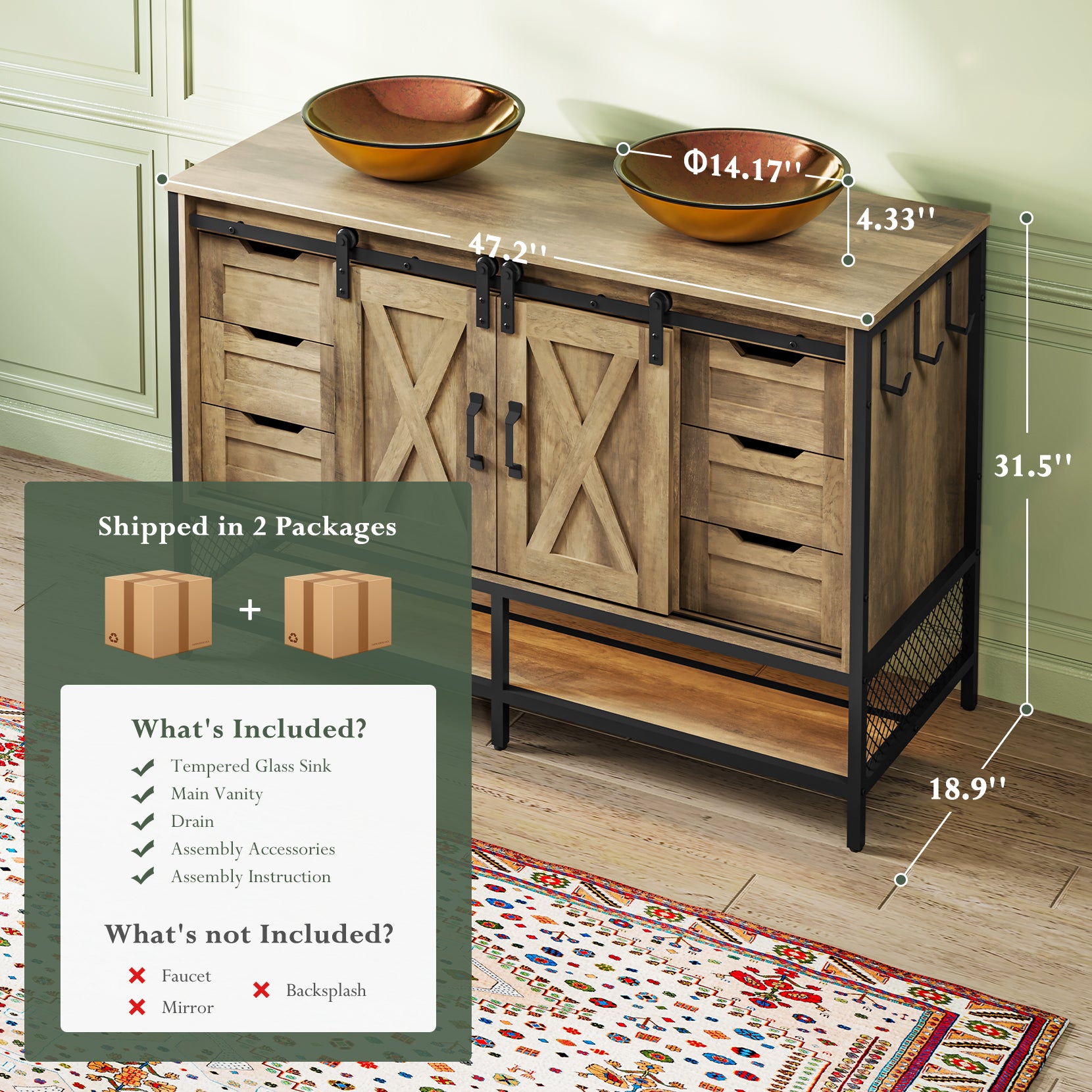 Concho 47'' Farmhouse Bathroom Vanity with Double Vessel Sink, Bathroom Sink Storage Cabinet with LED Light & Sliding Barn Door, Adjustable Shelf, 3 Drawers, Side Hooks, Rustic Brown