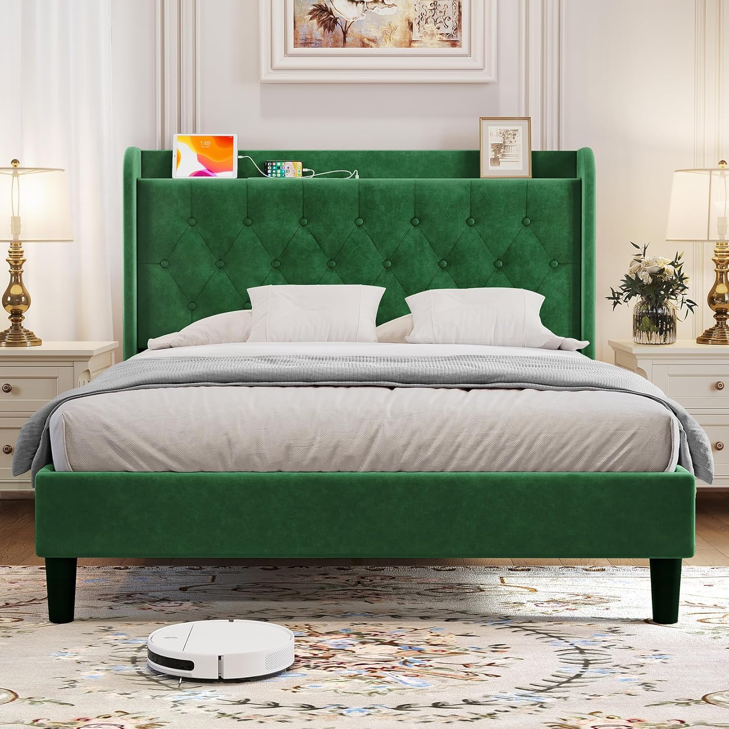 Bed Frame with Wingback Storage Headboard, Adjustable Velvet Upholstered Bed Frame