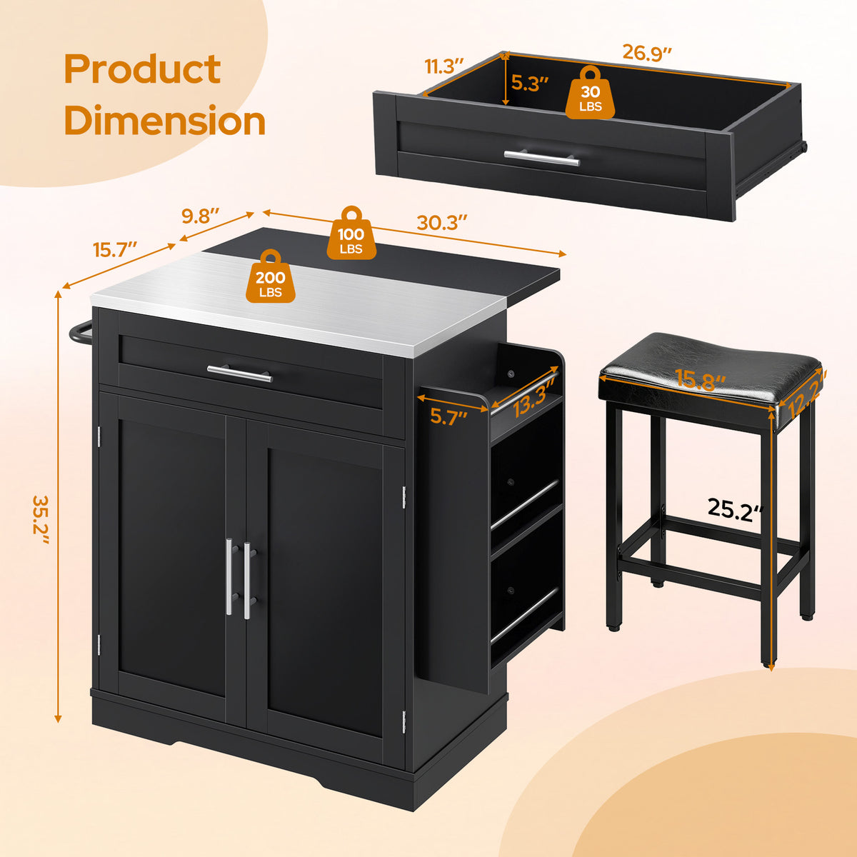 Concho 41" Kitchen Island with Stainless Steel Countertop and Seating