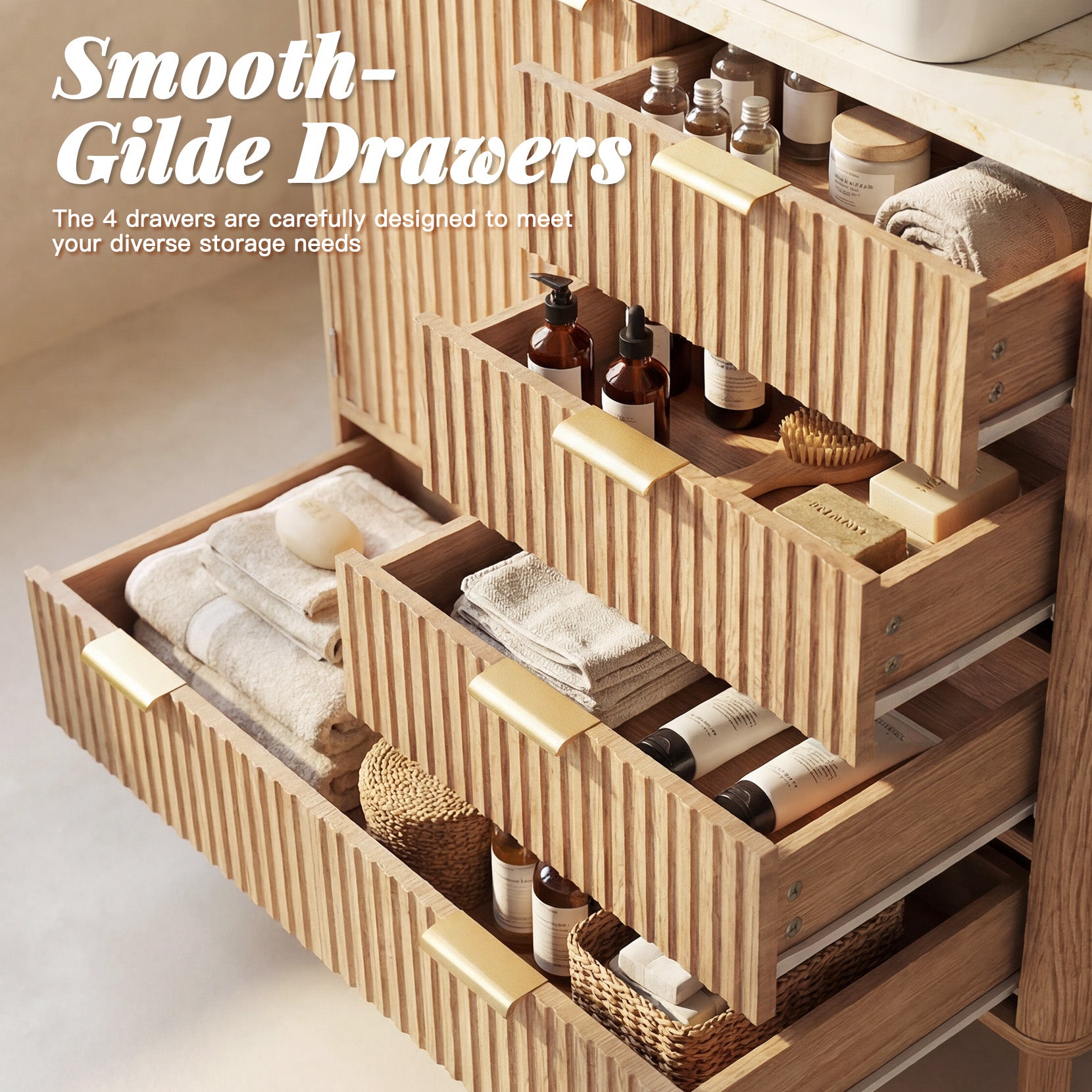 Concho 31'' Fluted Bathroom Vanity with Ceramic Sink, Modern Bathroom Sink Storage Cabinet with Engineered Marble Top & 4 Spacious Drawers, Freestanding Bathroom Vanity Cabinet, Oak