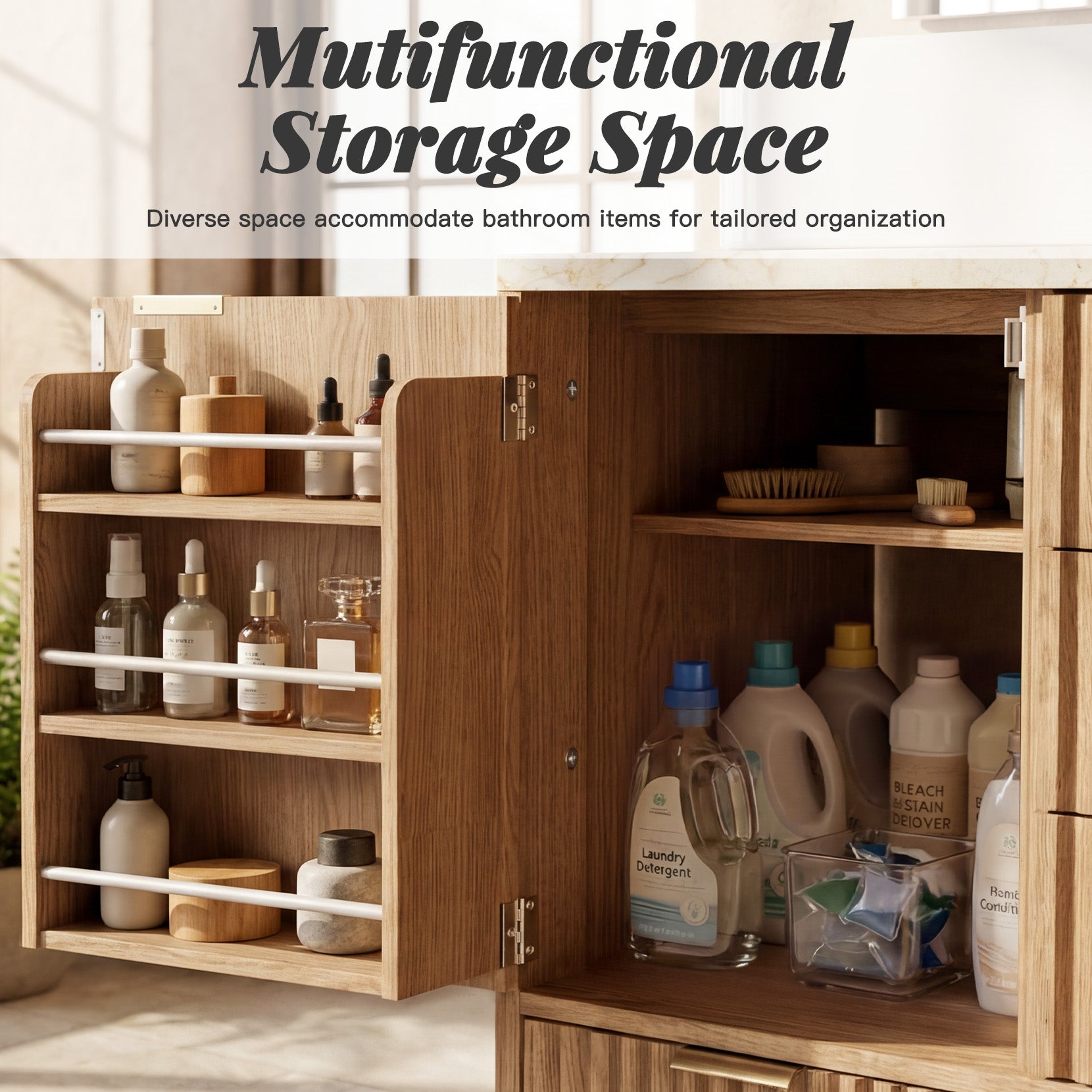 Concho 31'' Fluted Bathroom Vanity with Ceramic Sink, Modern Bathroom Sink Storage Cabinet with Engineered Marble Top & 4 Spacious Drawers, Freestanding Bathroom Vanity Cabinet, Oak