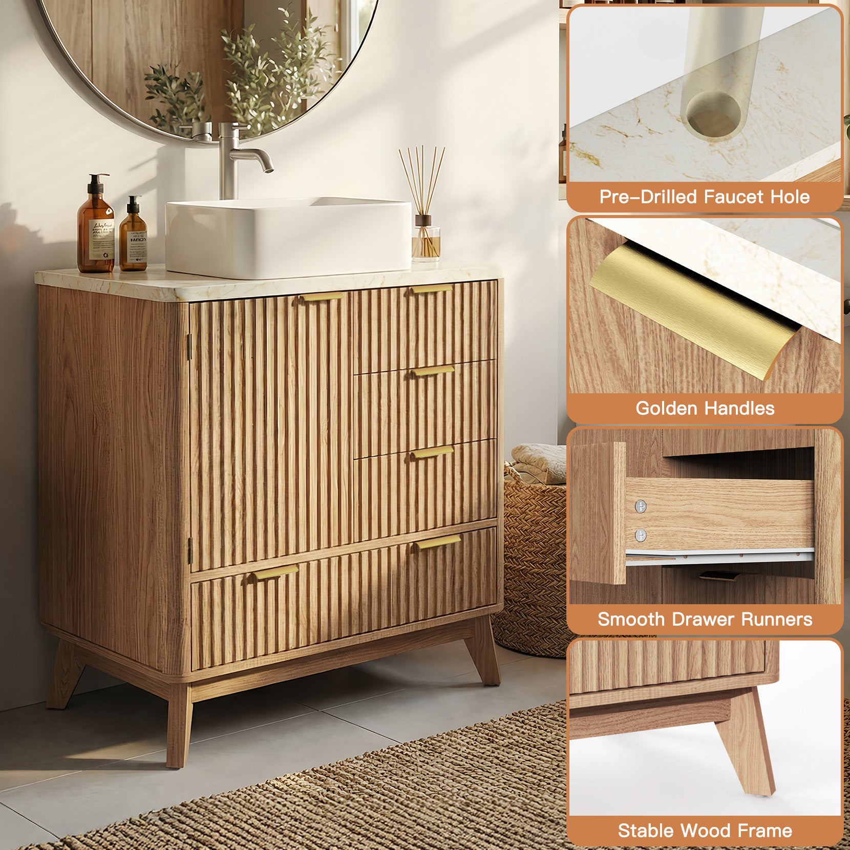 Concho 31'' Fluted Bathroom Vanity with Ceramic Sink, Modern Bathroom Sink Storage Cabinet with Engineered Marble Top & 4 Spacious Drawers, Freestanding Bathroom Vanity Cabinet, Oak