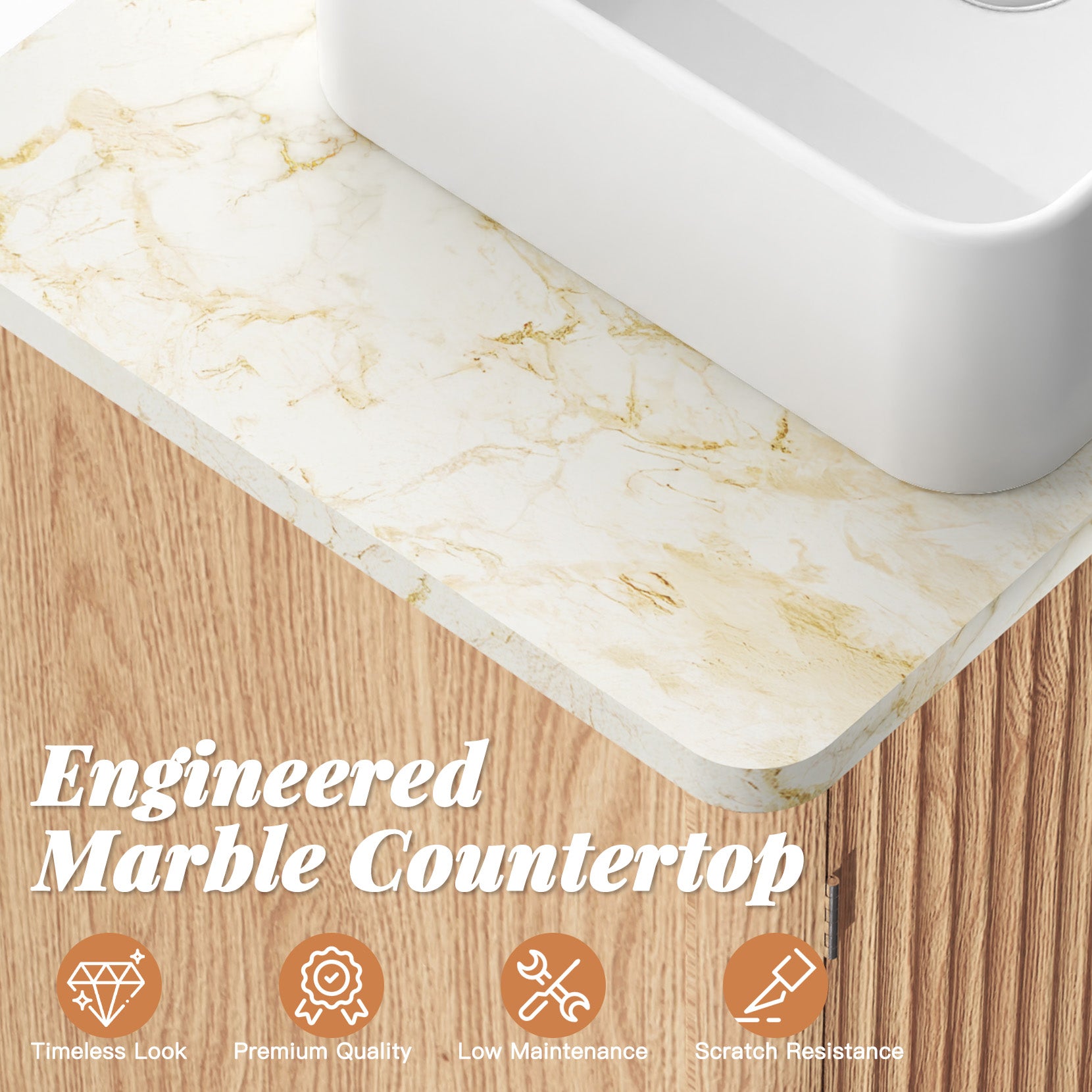 Concho 31'' Fluted Bathroom Vanity with Ceramic Sink, Modern Bathroom Sink Storage Cabinet with Engineered Marble Top & 4 Spacious Drawers, Freestanding Bathroom Vanity Cabinet, Oak