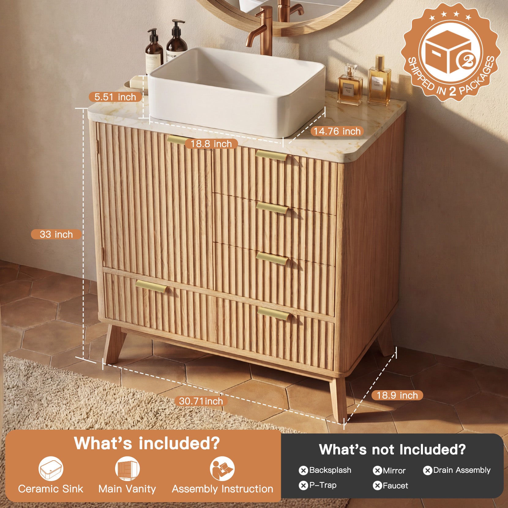 Concho 31'' Fluted Bathroom Vanity with Ceramic Sink, Modern Bathroom Sink Storage Cabinet with Engineered Marble Top & 4 Spacious Drawers, Freestanding Bathroom Vanity Cabinet, Oak