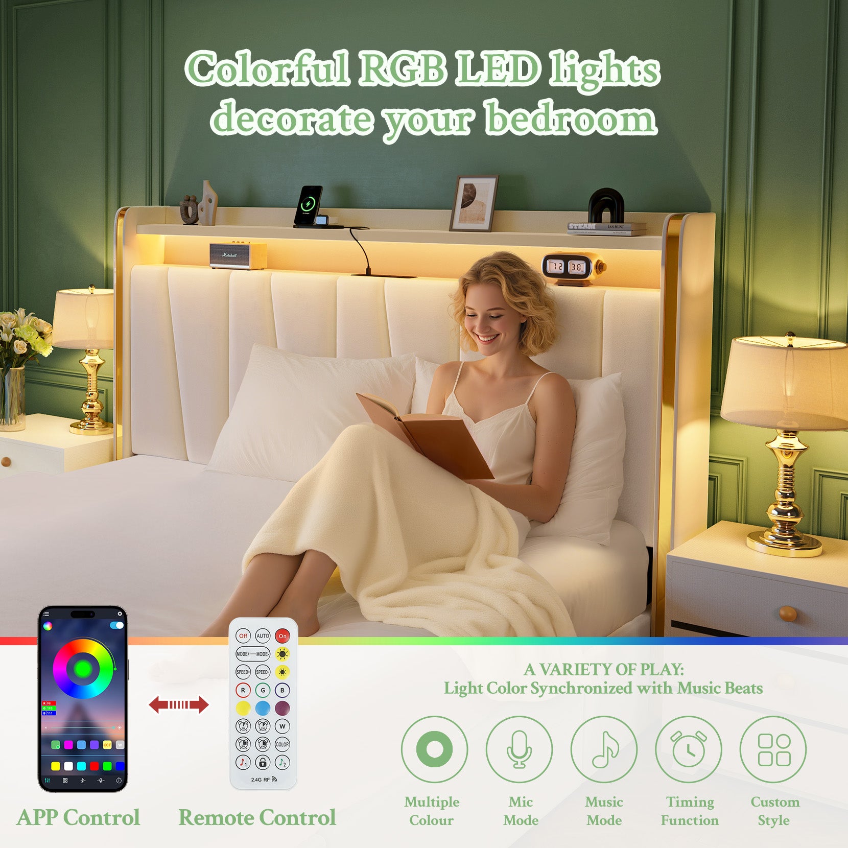 koorlian Full Size Bed Frame with 2-tier Storage Headboard and 4 Dustproof Drawers , 51”Tall Upholstered Platform Bed Frame with Adjustable Headboard, LED Lights, Charging Station, Easy Assembly, Beige