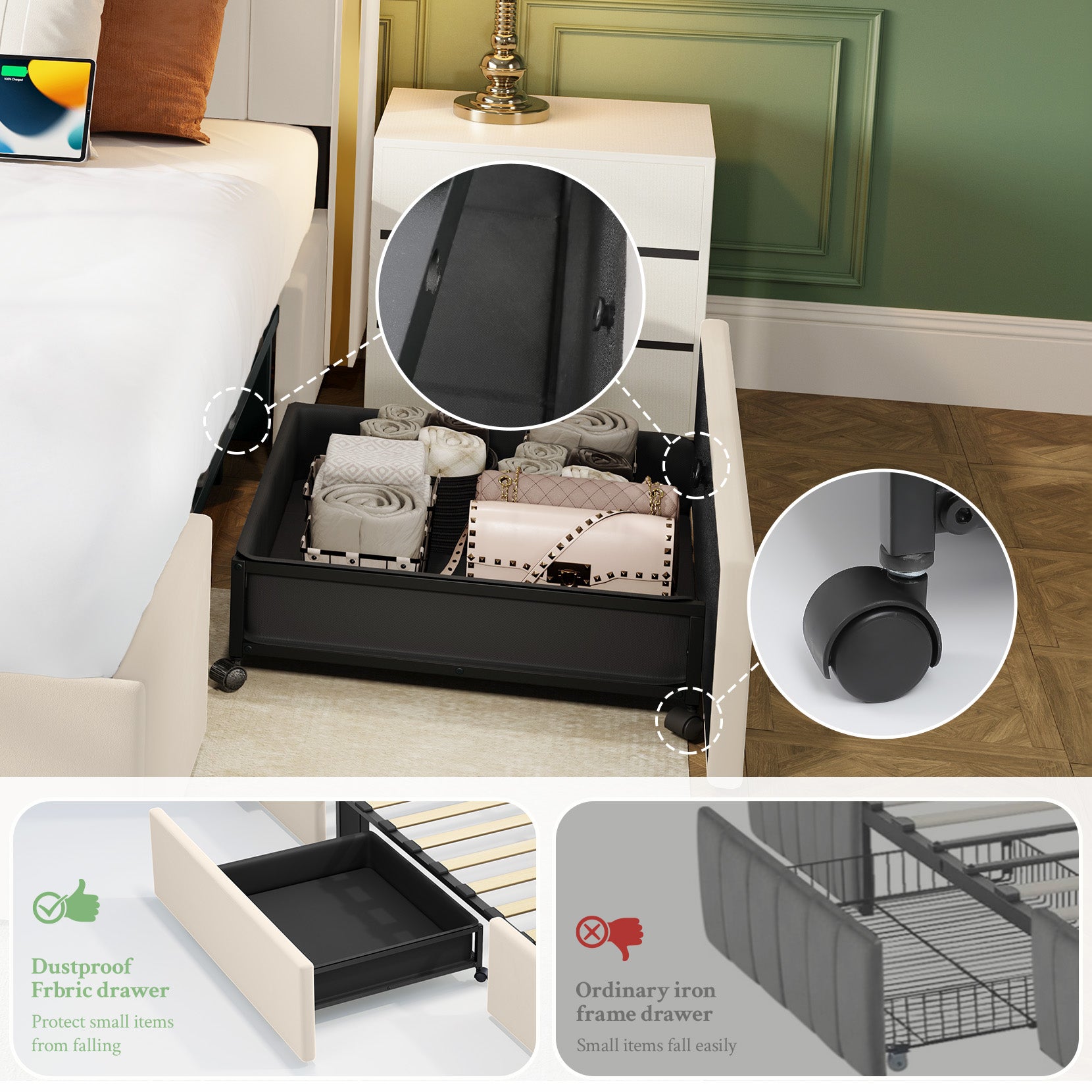 koorlian Full Size Bed Frame with 2-tier Storage Headboard and 4 Dustproof Drawers , 51”Tall Upholstered Platform Bed Frame with Adjustable Headboard, LED Lights, Charging Station, Easy Assembly, Beige