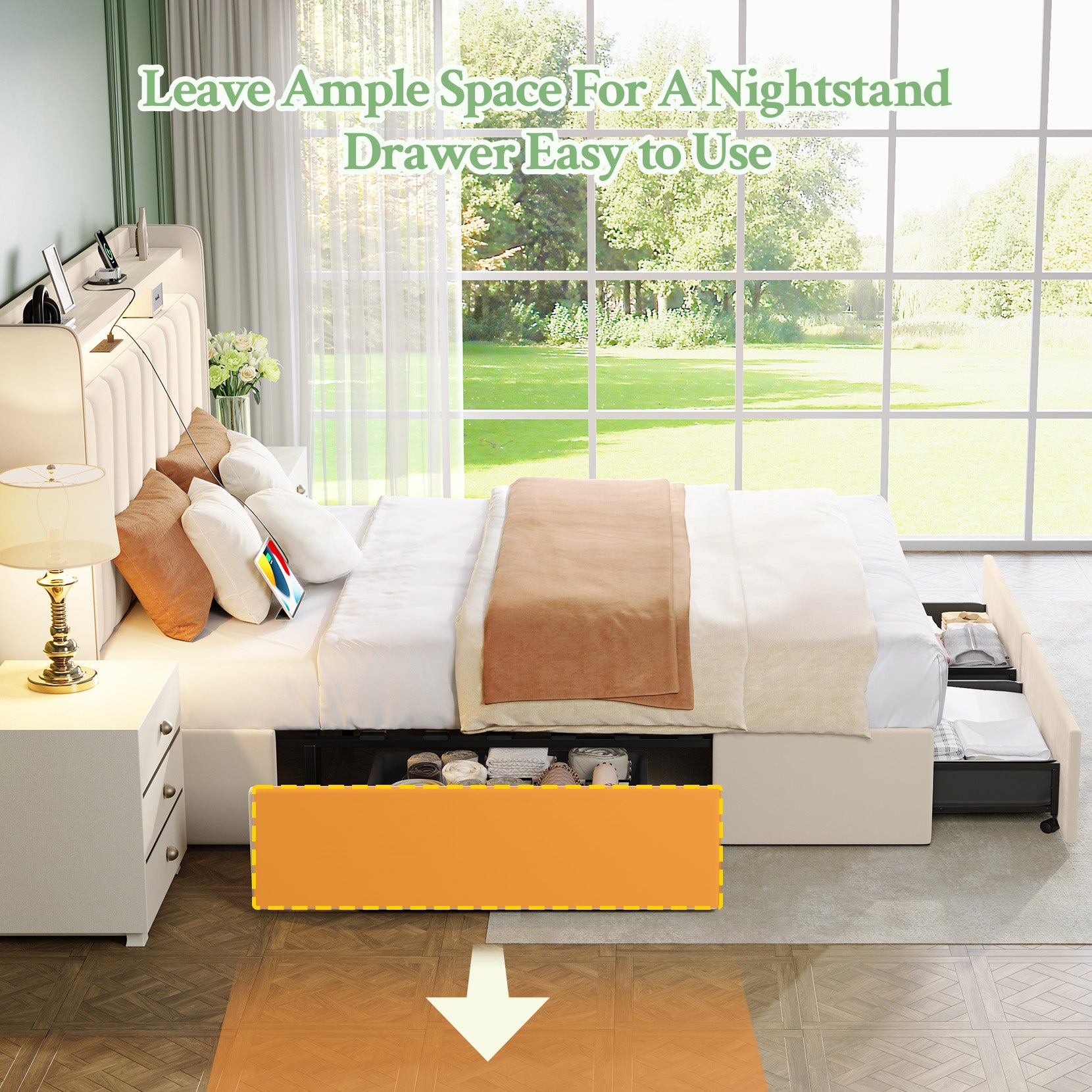 koorlian Full Size Bed Frame with 2-tier Storage Headboard and 4 Dustproof Drawers , 51”Tall Upholstered Platform Bed Frame with Adjustable Headboard, LED Lights, Charging Station, Easy Assembly, Beige