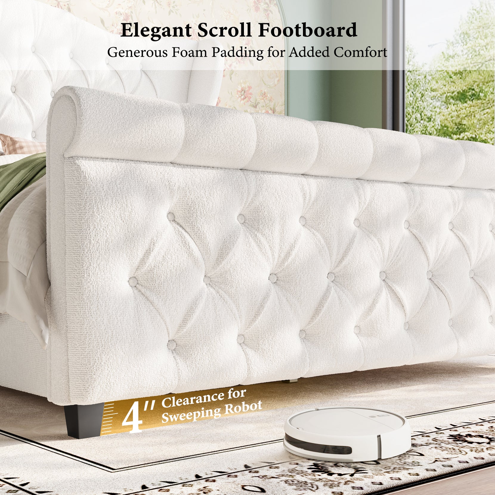 koorlian King Size Platform Bed Frame,Upholstered Sleigh Bed with 51 inch Tall Headboard Footboard,Modern Chenille Bed,Luxury Button Tufted,Sturdy Wood Slats Support,Cream