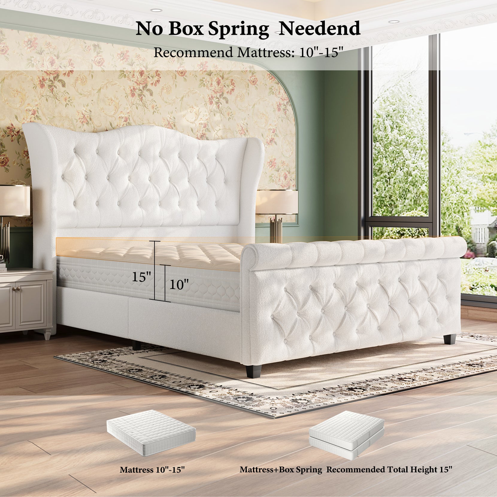 koorlian King Size Platform Bed Frame,Upholstered Sleigh Bed with 51 inch Tall Headboard Footboard,Modern Chenille Bed,Luxury Button Tufted,Sturdy Wood Slats Support,Cream