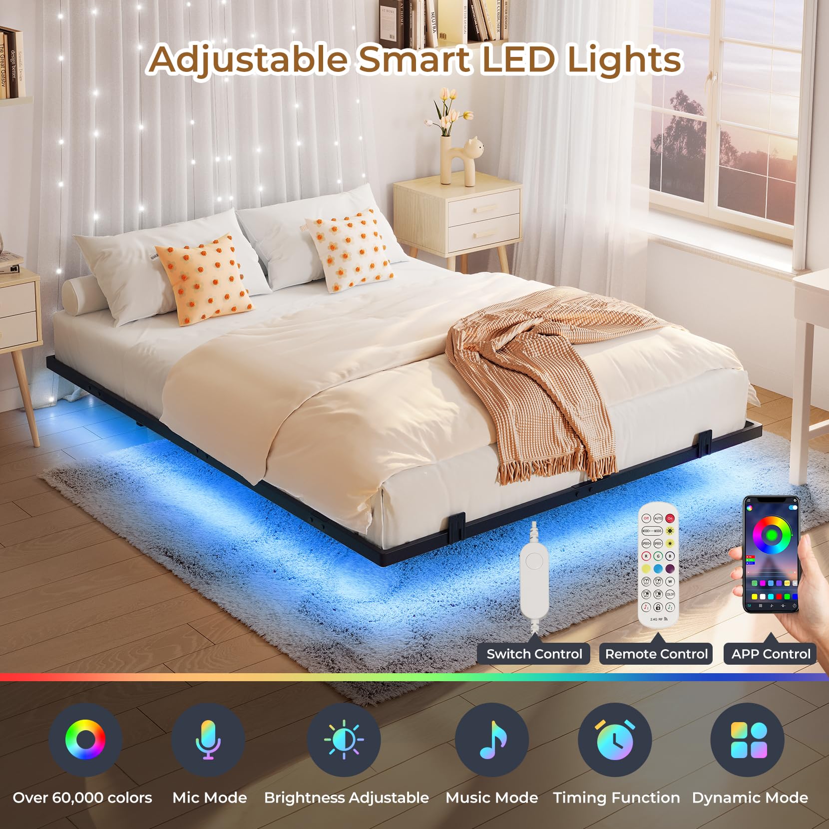 Floating Bed Frame with RGB LED Lights