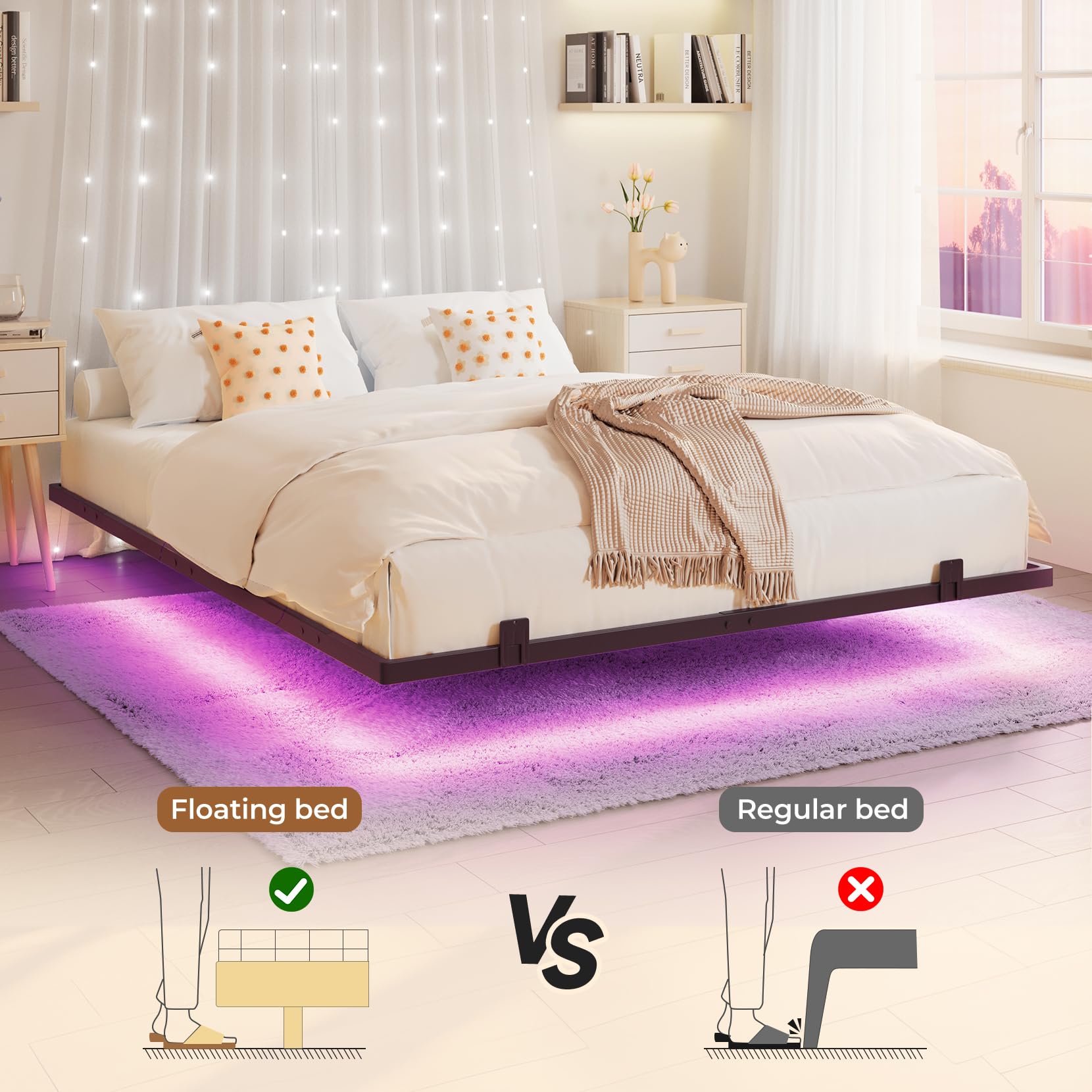 Floating Bed Frame with RGB LED Lights